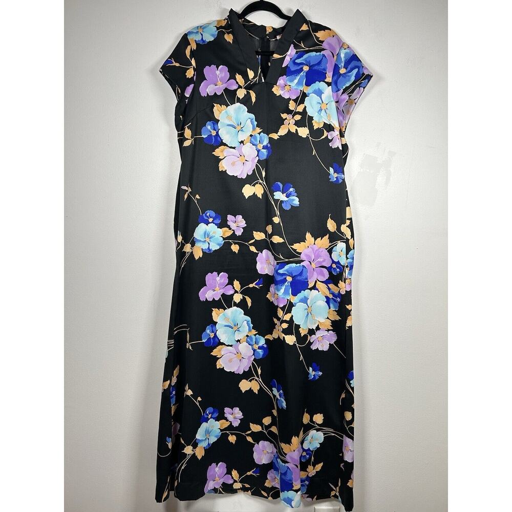 VTG Pomare Tahiti Hawaiian Maxi Sundress Floral Polynesian Barkcloth Sz 16 L 70s